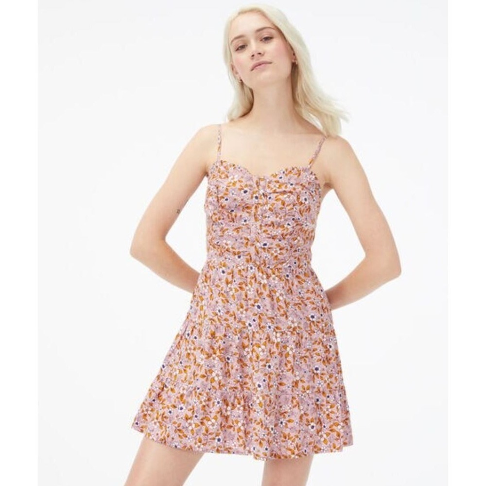 AEROPOSTALE Pink Floral Sweetheart Smocked Bustier A-Line Mini Dress Fairy Sz M